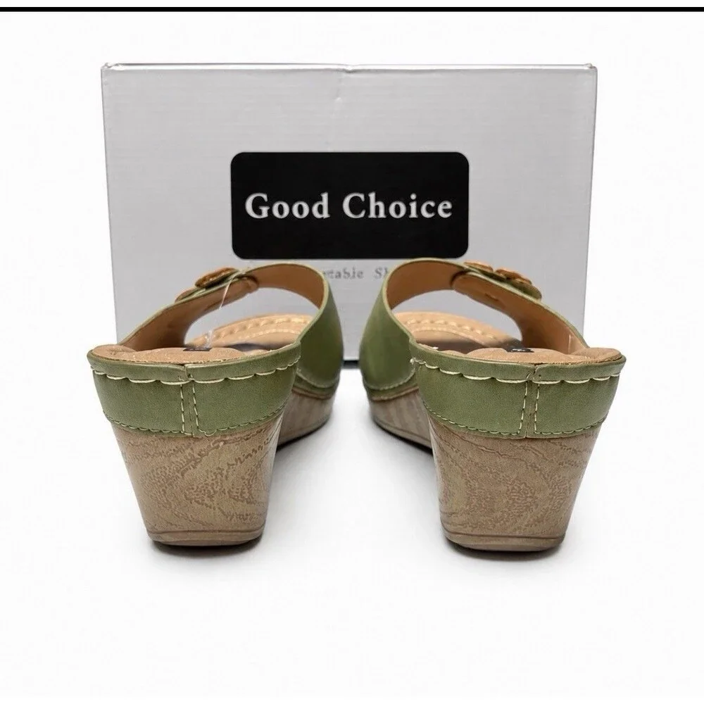 Good Choice Women's Naples Flower Wedge Sandals Size 8.5 Green Tan